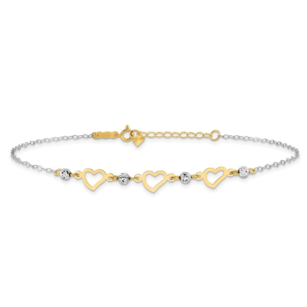 Two-tone Three Hearts and Diamond-cut Beads Plus Extender - Total Anklet - WBC