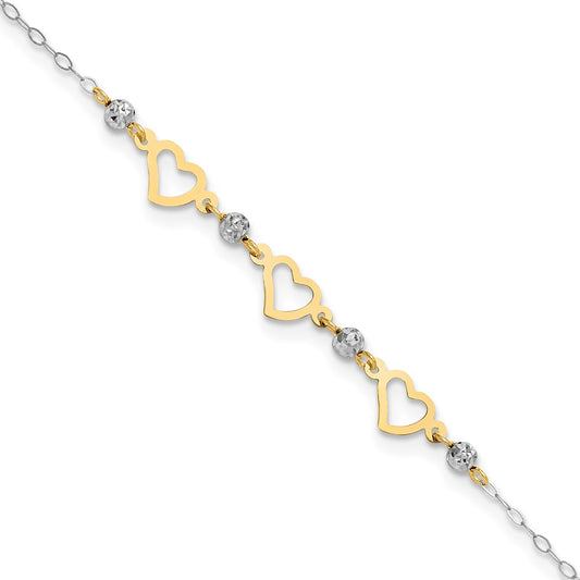 Two-tone Three Hearts and Diamond-cut Beads Plus Extender - Total Anklet - WBC