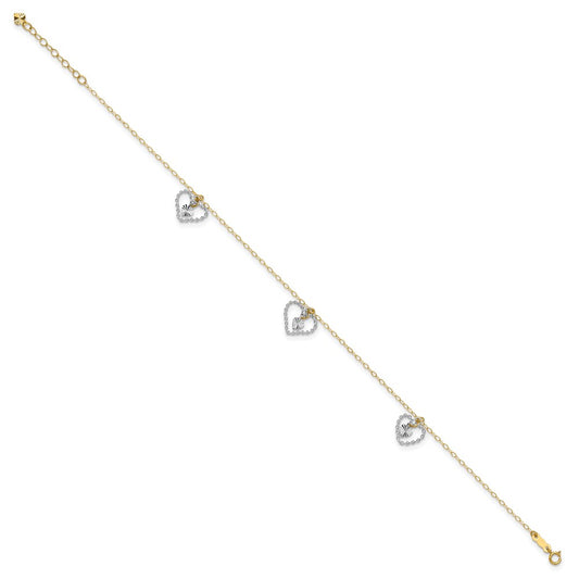 Two-tone Twisted Diamond-cut 3 Heart Dangles Plus Extender - Total Anklet - WBC