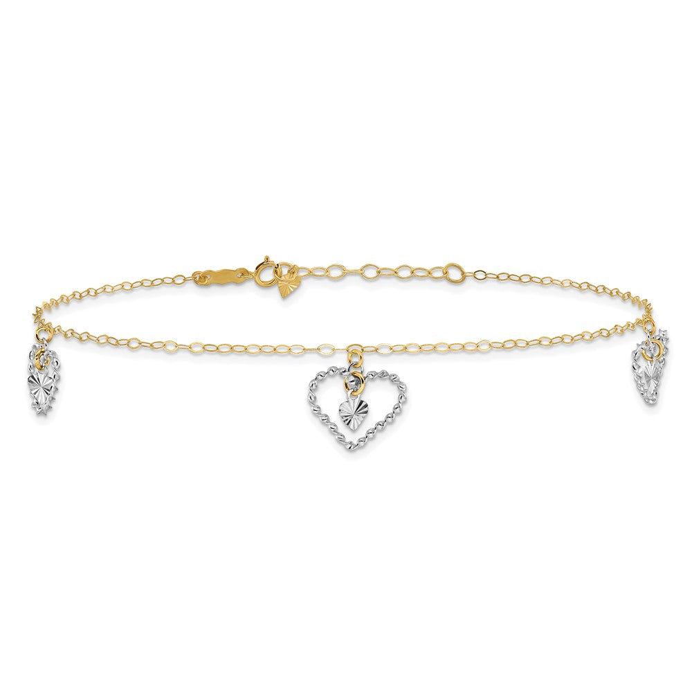 Two-tone Twisted Diamond-cut 3 Heart Dangles Plus Extender - Total Anklet - WBC