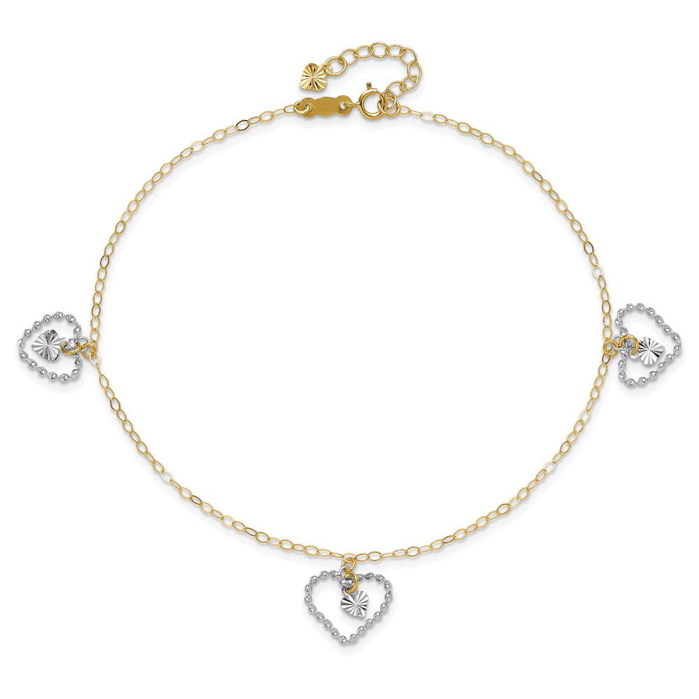 Two-tone Twisted Diamond-cut 3 Heart Dangles Plus Extender - Total Anklet - WBC