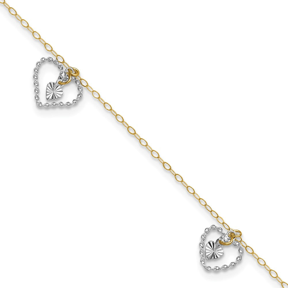 Two-tone Twisted Diamond-cut 3 Heart Dangles Plus Extender - Total Anklet - WBC