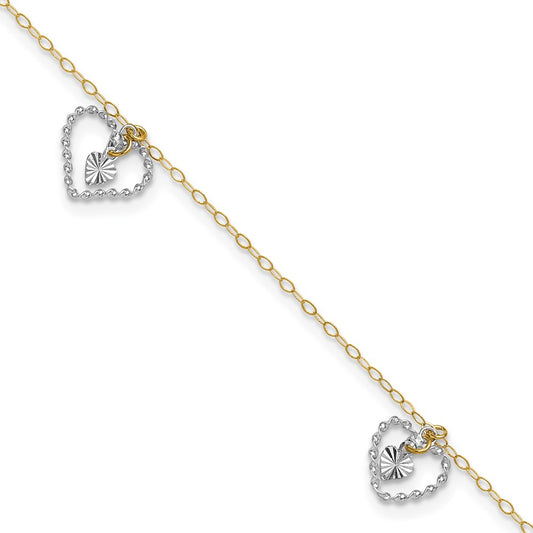 Two-tone Twisted Diamond-cut 3 Heart Dangles Plus Extender - Total Anklet - WBC