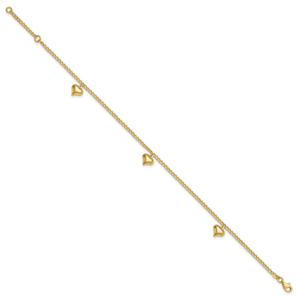 Polished Curb Chain with 3 Puffed Heart Dangles Plus Extender - Total Anklet - WBC