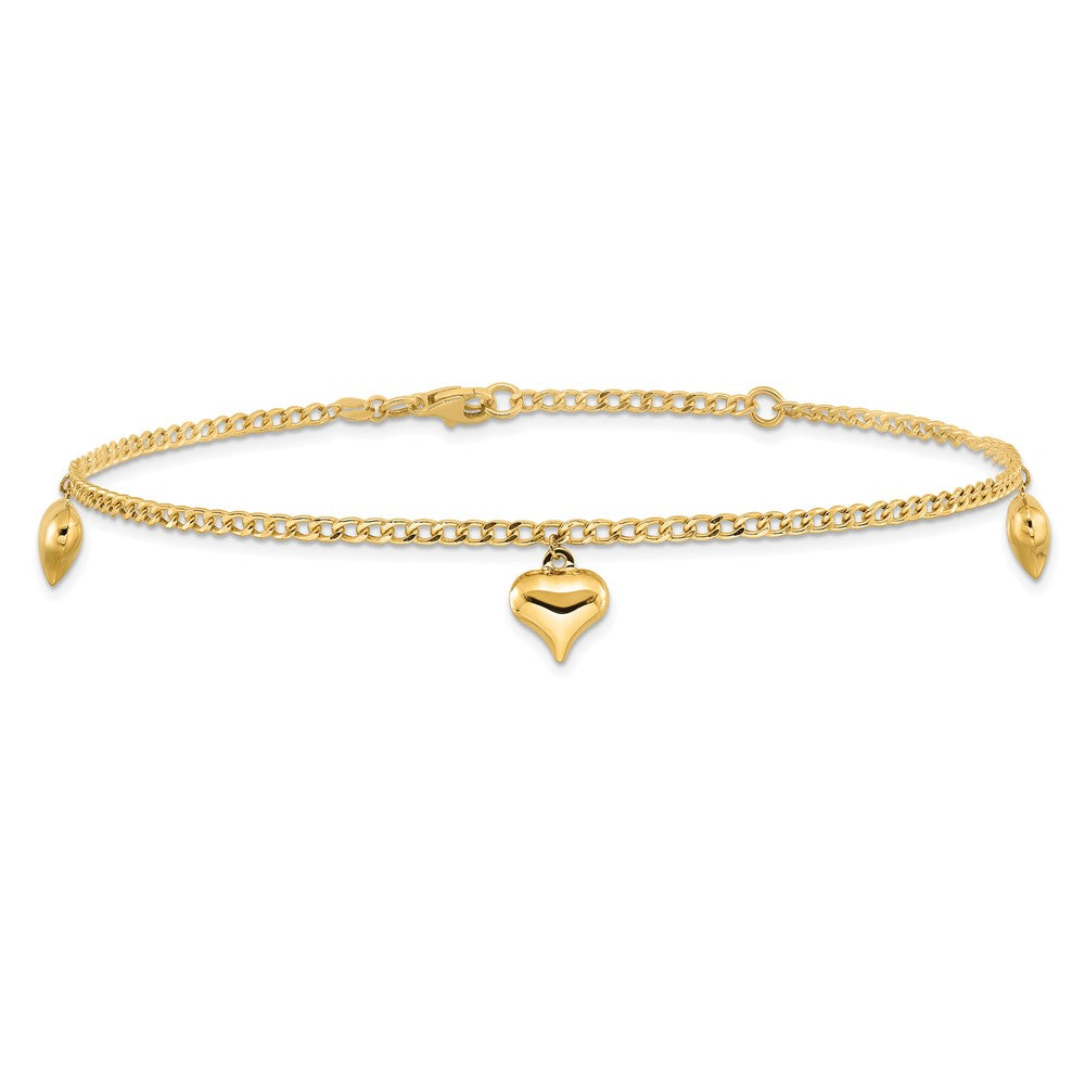 Polished Curb Chain with 3 Puffed Heart Dangles Plus Extender - Total Anklet - WBC