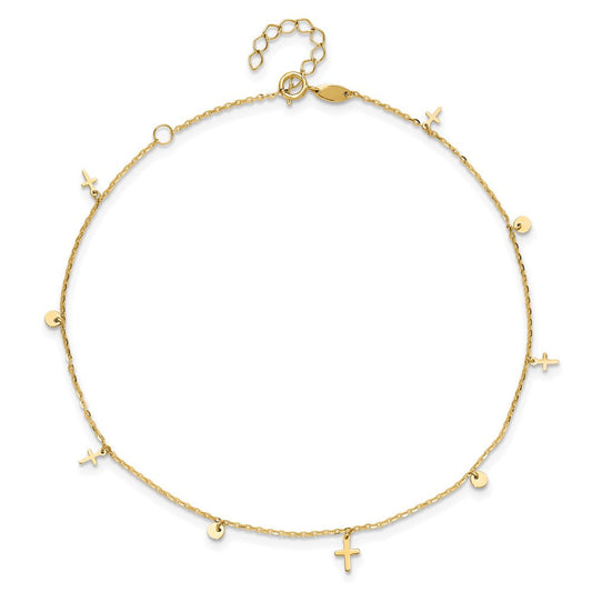 14K Gold Polished Dangle Crosses & Circles Plus 2 in Extender - Total Anklet