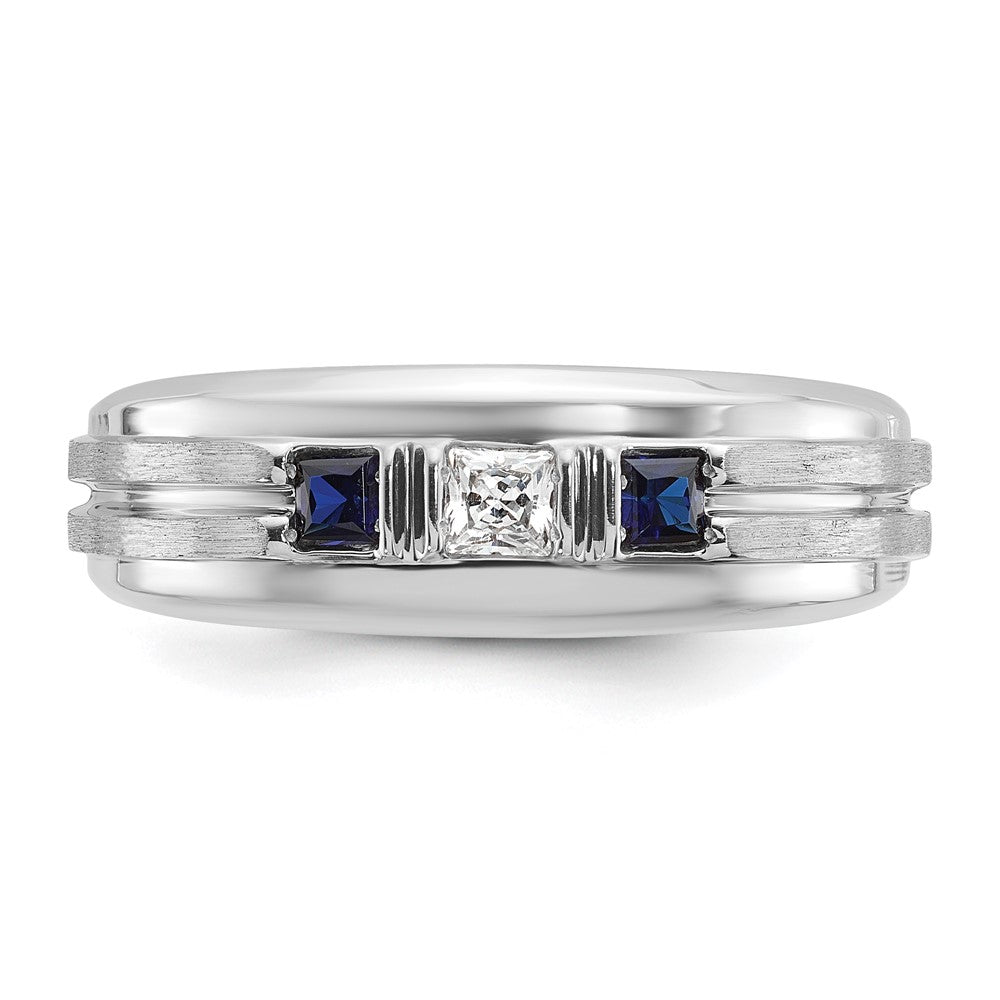 IBGoodman Men's Polished Satin and Grooved Square 1/6 Carat AA Quality Diamond and Lab Created Sapphire 3-Stone Ring - WBC
