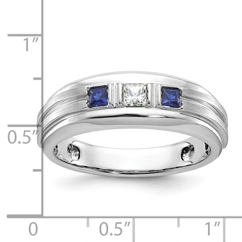 IBGoodman Men's Polished Satin and Grooved Square 1/6 Carat AA Quality Diamond and Lab Created Sapphire 3-Stone Ring - WBC