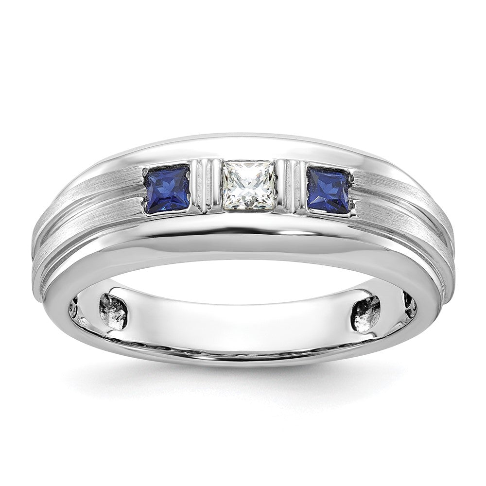 IBGoodman Men's Polished Satin and Grooved Square 1/6 Carat AA Quality Diamond and Lab Created Sapphire 3-Stone Ring - WBC
