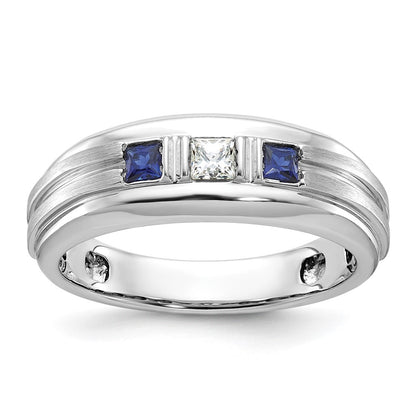 IBGoodman Men's Polished Satin and Grooved Square 1/6 Carat AA Quality Diamond and Lab Created Sapphire 3-Stone Ring - WBC