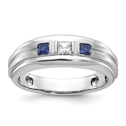 IBGoodman Men's Polished Satin and Grooved Square 1/6 Carat AA Quality Diamond and Lab Created Sapphire 3-Stone Ring - WBC