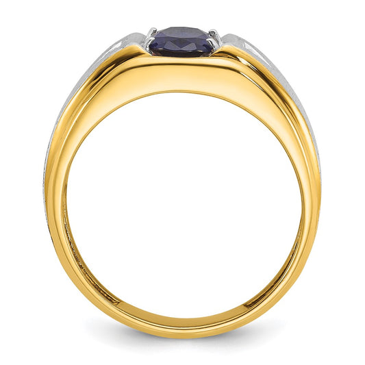IB Goodman Two-tone Mens Polished Satin and Grooved Oval Lab Created Sapphire and AA Quality Diamond Ring - WBC