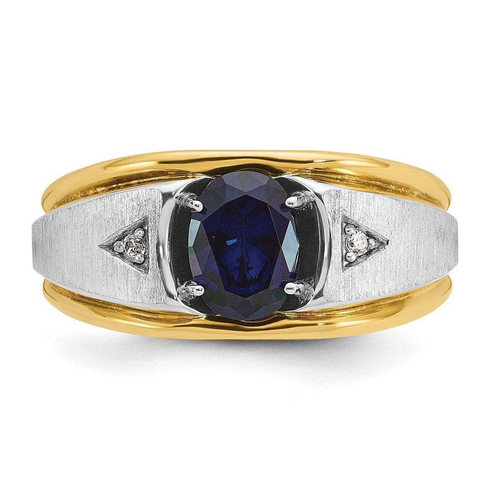 IB Goodman Two-tone Mens Polished Satin and Grooved Oval Lab Created Sapphire and AA Quality Diamond Ring - WBC