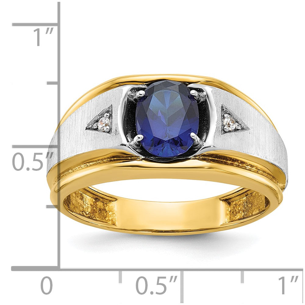 IB Goodman Two-tone Mens Polished Satin and Grooved Oval Lab Created Sapphire and AA Quality Diamond Ring - WBC