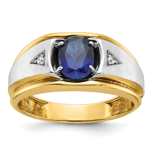 IB Goodman Two-tone Mens Polished Satin and Grooved Oval Lab Created Sapphire and AA Quality Diamond Ring - WBC