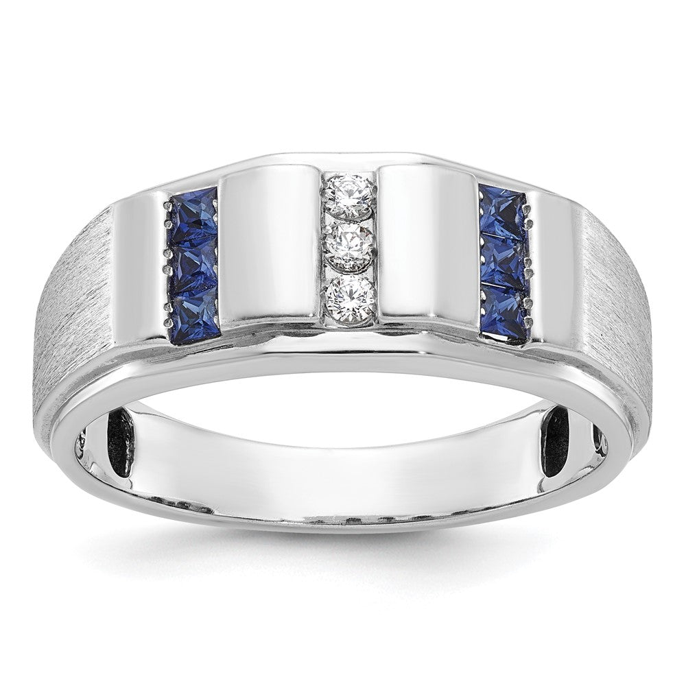 IBGoodman Men's Polished and Satin 3-Row Lab Created Sapphire and 1/10 Carat AA Quality Diamond Ring - WBC