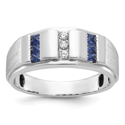IBGoodman Men's Polished and Satin 3-Row Lab Created Sapphire and 1/10 Carat AA Quality Diamond Ring - WBC