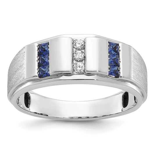 IBGoodman Men's Polished and Satin 3-Row Lab Created Sapphire and 1/10 Carat AA Quality Diamond Ring - WBC