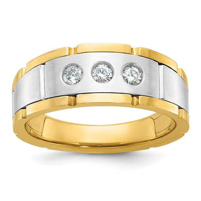 IBGoodman Two-tone Men's Polished Satin and Grooved 3-Stone 1/4 Carat AA Quality Diamond Ring - WBC