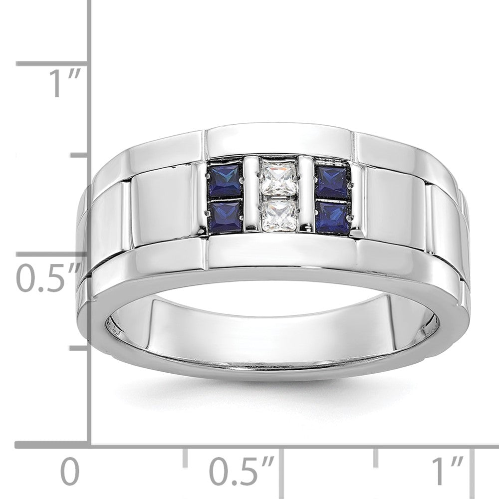 IBGoodman Men's Polished and Grooved Lab Created Sapphire and 1/10 Carat AA Quality Diamond Ring - WBC
