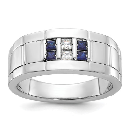 IBGoodman Men's Polished and Grooved Lab Created Sapphire and 1/10 Carat AA Quality Diamond Ring - WBC