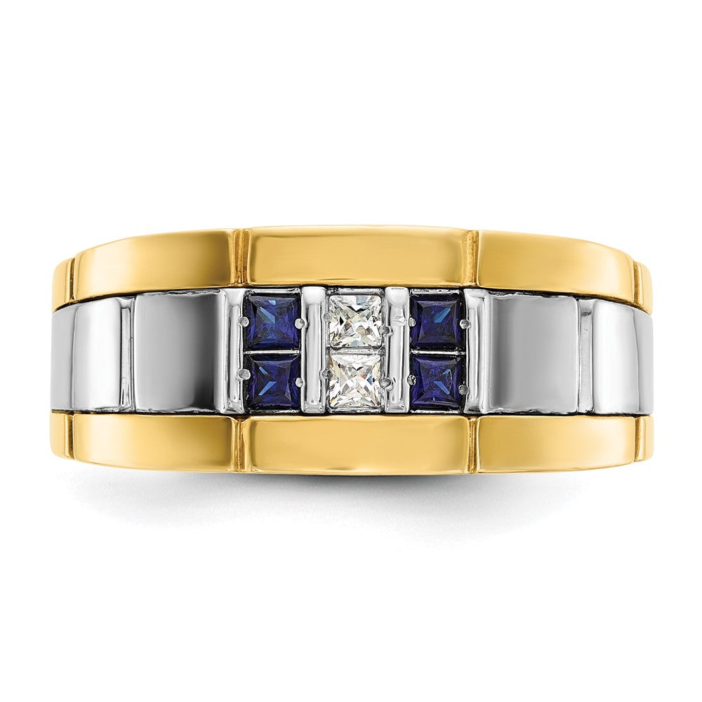 IBGoodman Two-tone Men's Polished and Grooved Lab Created Sapphire and 1/10 Carat AA Quality Diamond Ring - WBC