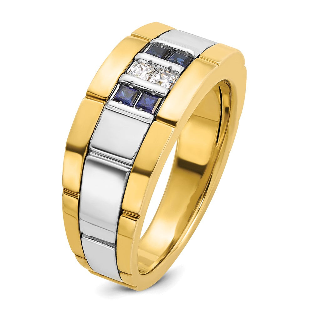 IBGoodman Two-tone Men's Polished and Grooved Lab Created Sapphire and 1/10 Carat AA Quality Diamond Ring - WBC