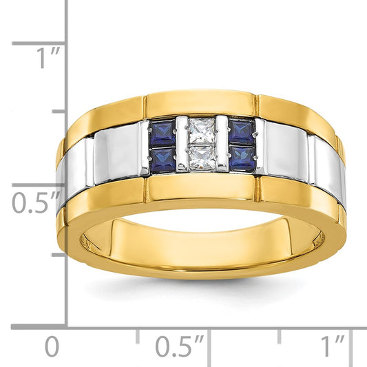 IBGoodman Two-tone Men's Polished and Grooved Lab Created Sapphire and 1/10 Carat AA Quality Diamond Ring - WBC