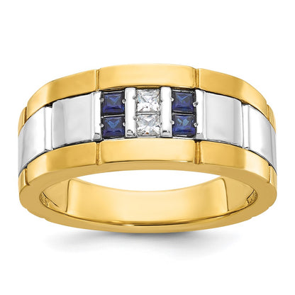 IBGoodman Two-tone Men's Polished and Grooved Lab Created Sapphire and 1/10 Carat AA Quality Diamond Ring - WBC