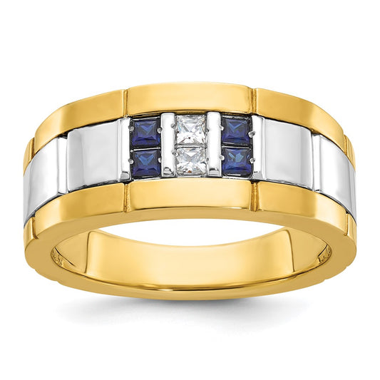 IBGoodman Two-tone Men's Polished and Grooved Lab Created Sapphire and 1/10 Carat AA Quality Diamond Ring - WBC