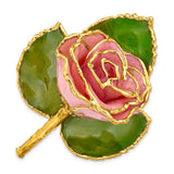 24k Gold-trim Lacquer Dipped Pink Rose on Leaf Pin/Boutonniere