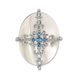 1928 Silver-tone Mother of Pearl and Blue Crystal Cross Brooch