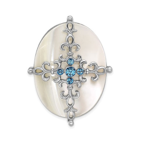 1928 Silver-tone Mother of Pearl and Blue Crystal Cross Brooch