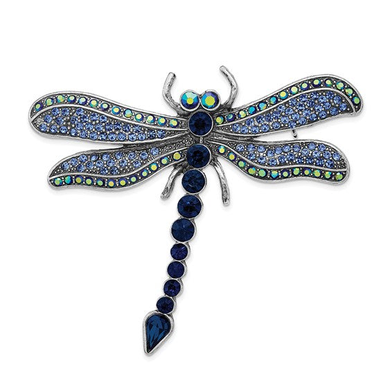 1928 Silver-tone Blue Crystal and Iridescent Aurora Borealis Glass Stone Dragonfly Brooch