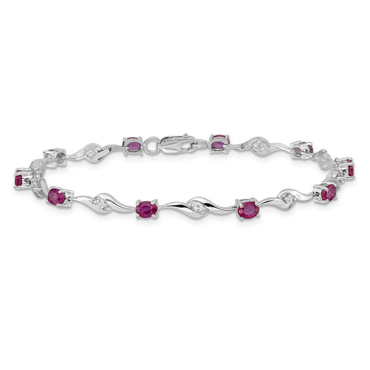 14K White Gold Oval Ruby & Round Sapphire Curved Link Bracelet, 4mm
