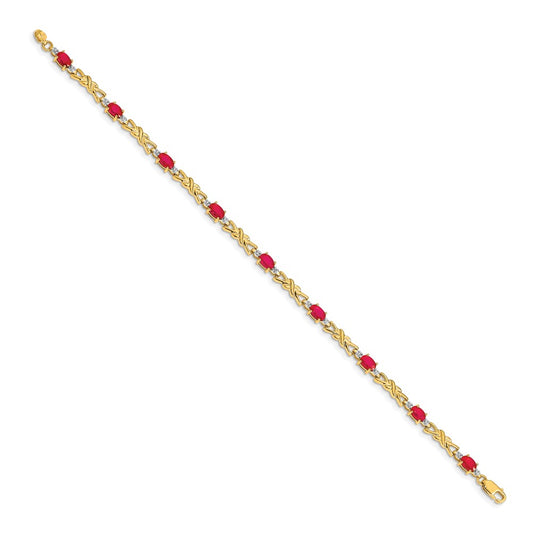 14K White Gold Diamond & Oval Ruby X-design Bracelet, 4mm, Lobster Clasp
