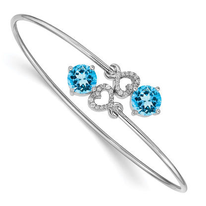Complete Round Blue Topaz and 1/8 carat Diamond Hearts Flexible Bangle Bracelet - WBC