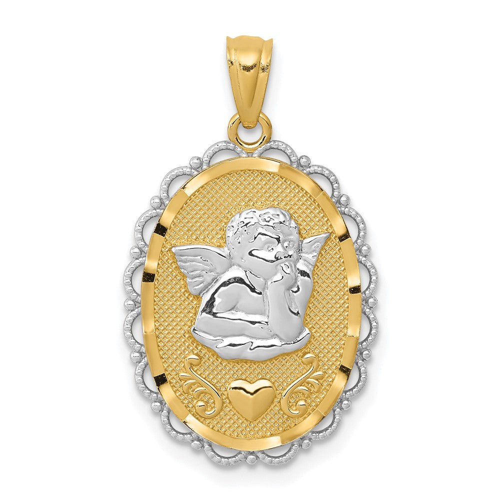 and Rhodium Angel Scalloped Edge Oval Pendant - WBC