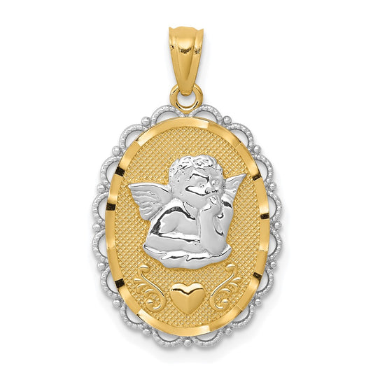and Rhodium Angel Scalloped Edge Oval Pendant - WBC