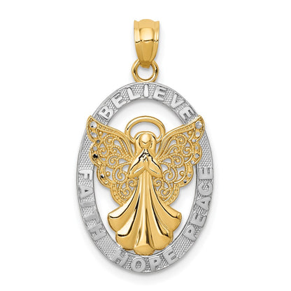 and Rhodium BELIEVE PEACE FAITH HOPE Filigree Angel Pendant - WBC