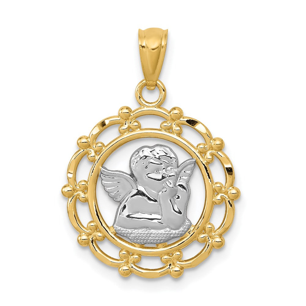 and Rhodium Scalloped Frame Cherub Round Pendant - WBC