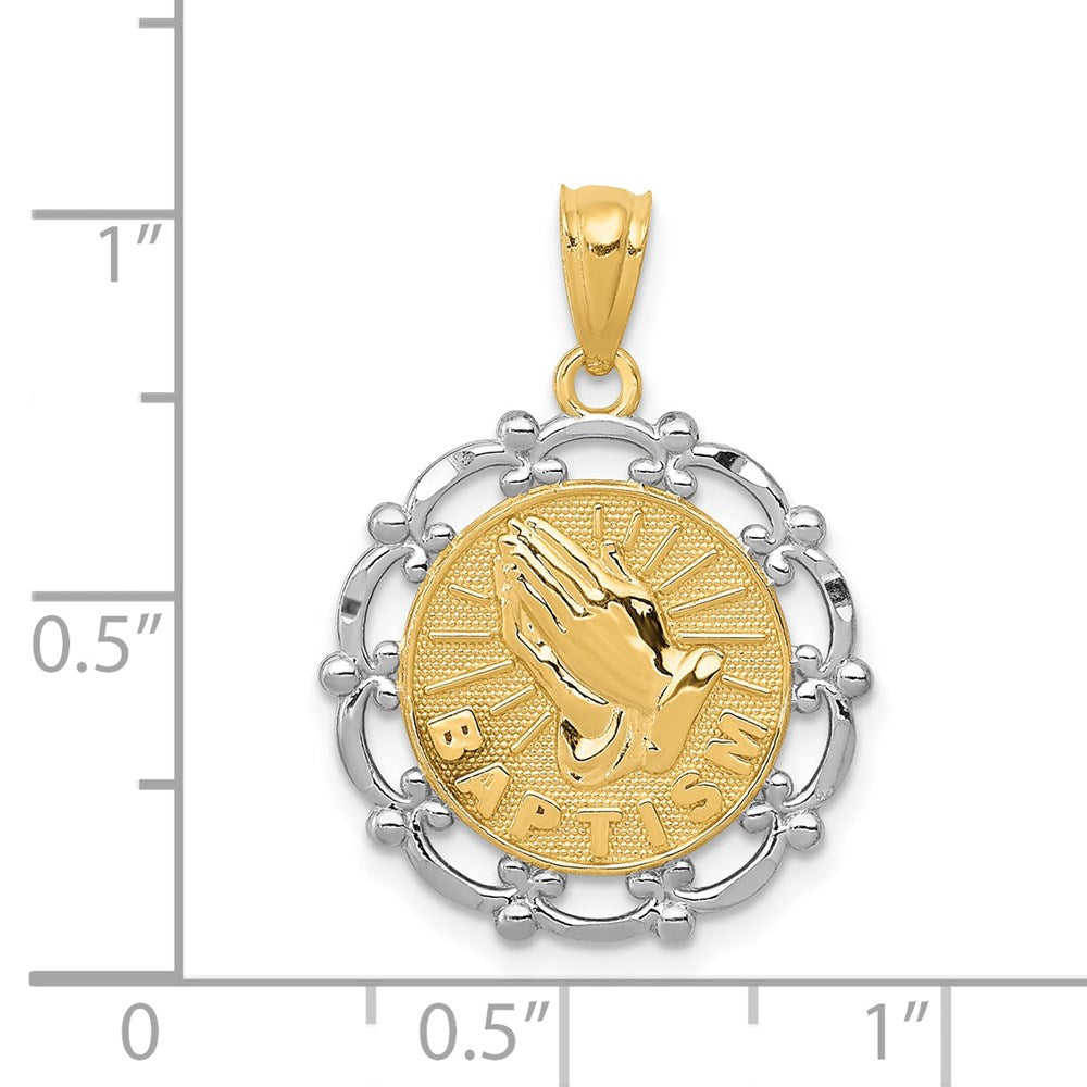 and Rhodium BAPTISM with Praying Hands Scalloped Edge Round Pendant - WBC