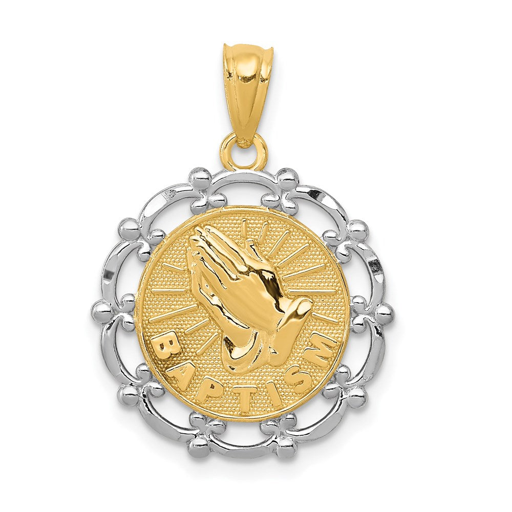 and Rhodium BAPTISM with Praying Hands Scalloped Edge Round Pendant - WBC