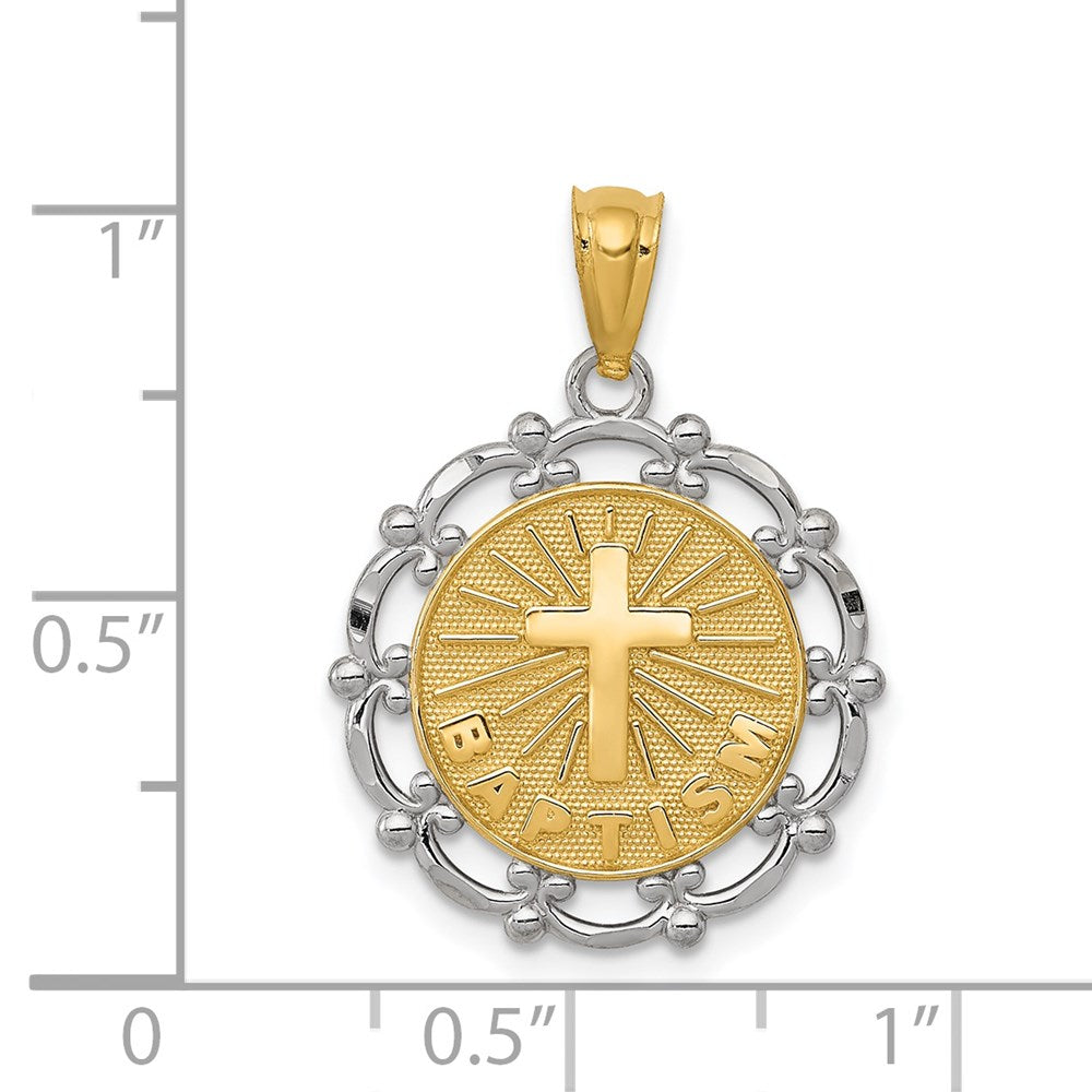 and Rhodium BAPTISM with Cross Scalloped Edge Round Pendant - WBC