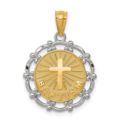 and Rhodium BAPTISM with Cross Scalloped Edge Round Pendant - WBC
