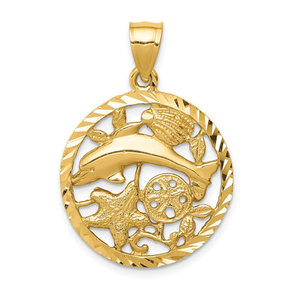 Diamond-cut Dolphin and Shells Circle Pendant - WBC