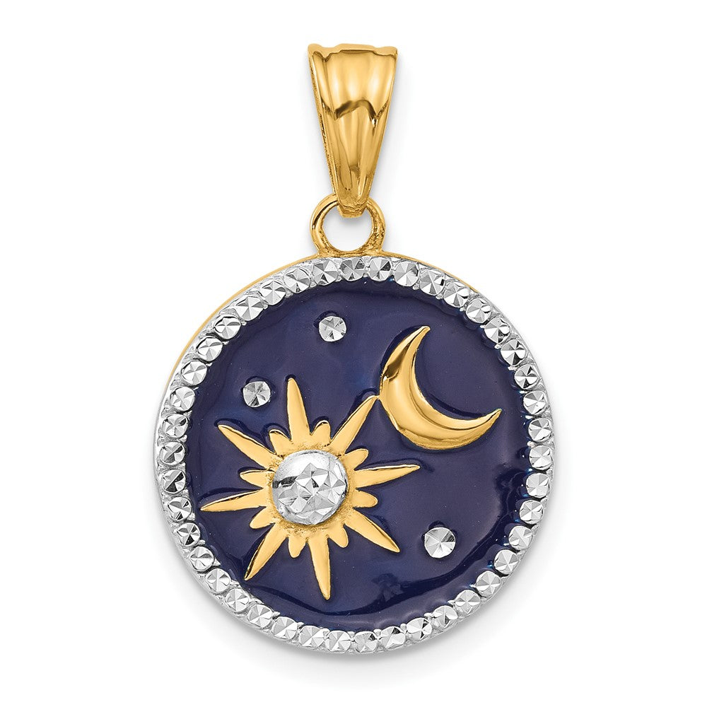 and Rhodium Diamond-cut Blue Enameled Sun and Moon Pendant - WBC