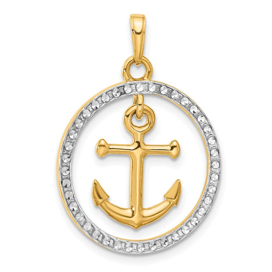 and Rhodium Diamond-cut Anchor Dangle in Circle Pendant - WBC