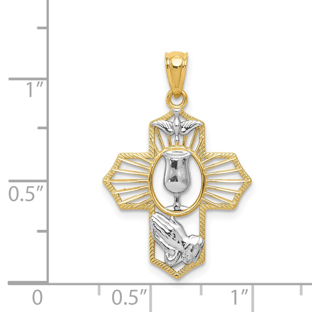 and Rhodium Communion Cross with Dove and Praying Hands Pendant - WBC