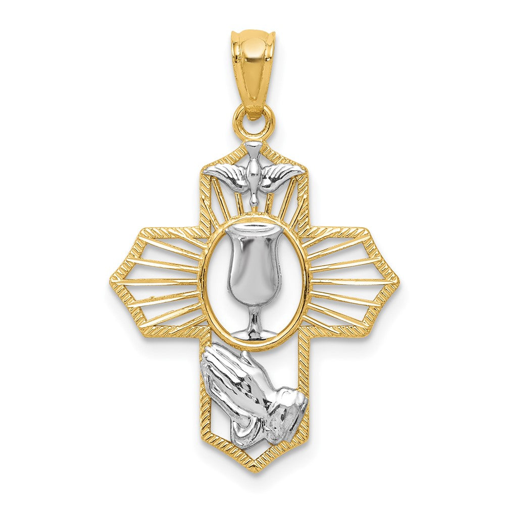 and Rhodium Communion Cross with Dove and Praying Hands Pendant - WBC